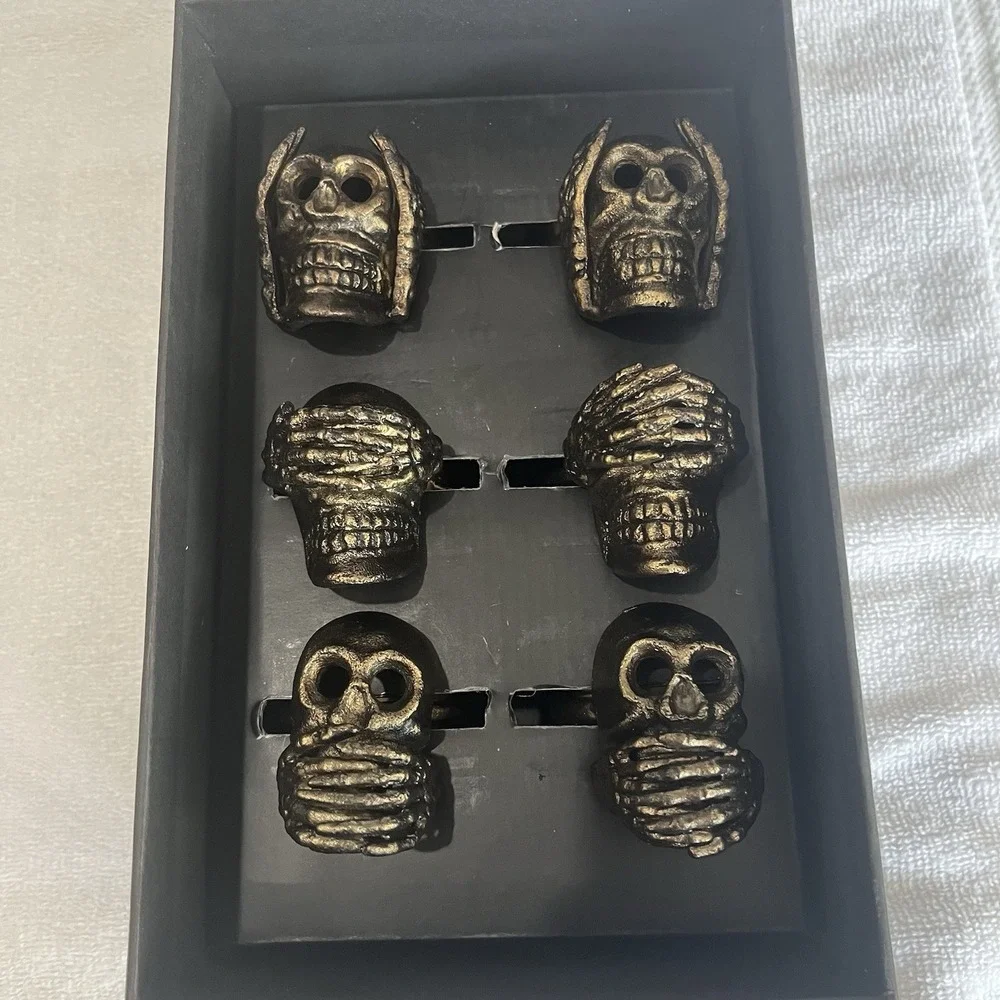 Rachel Zoe Set Of 6 Skull Napkin Rings See Hear Speak No Evil Antique Gold Metal